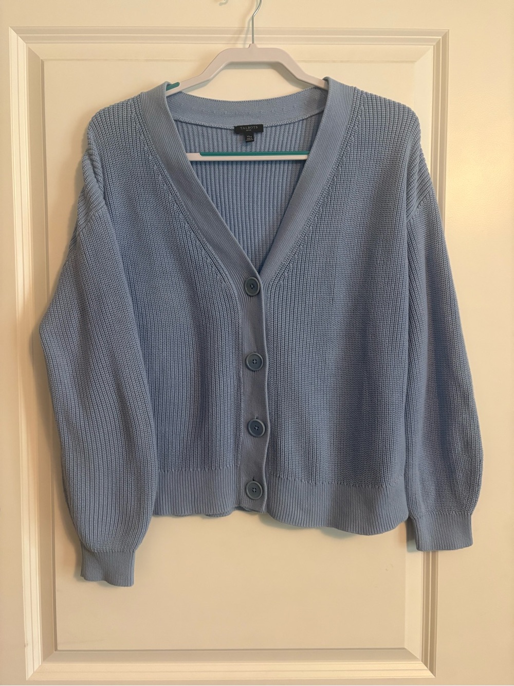 Talbots | Light Blue | V-Neck Chunky Knit Cardigan | Classic Wardrobe Staple